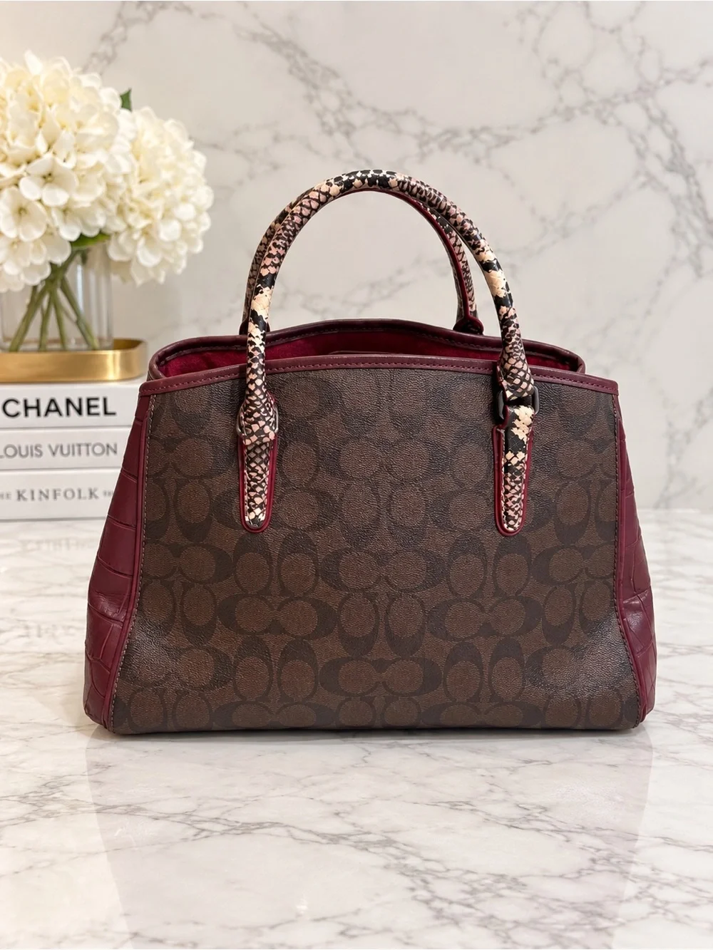Coach Carry all satchel handbag monogram brown burgundy phyton handle embossed